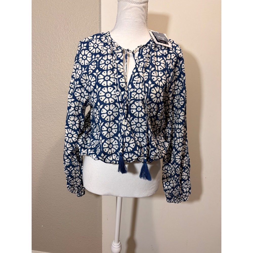 Roller Rabbit Target Navy Daisy Floral Tassel Tie Cropped Blouse Small NWT
